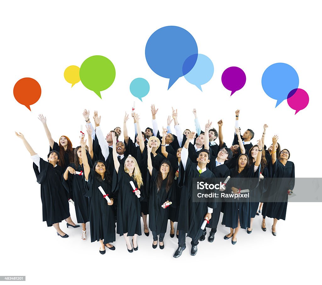 World International Students Celebrating Graduation with Colorful Speech Bubble  Alumni Stock Photo