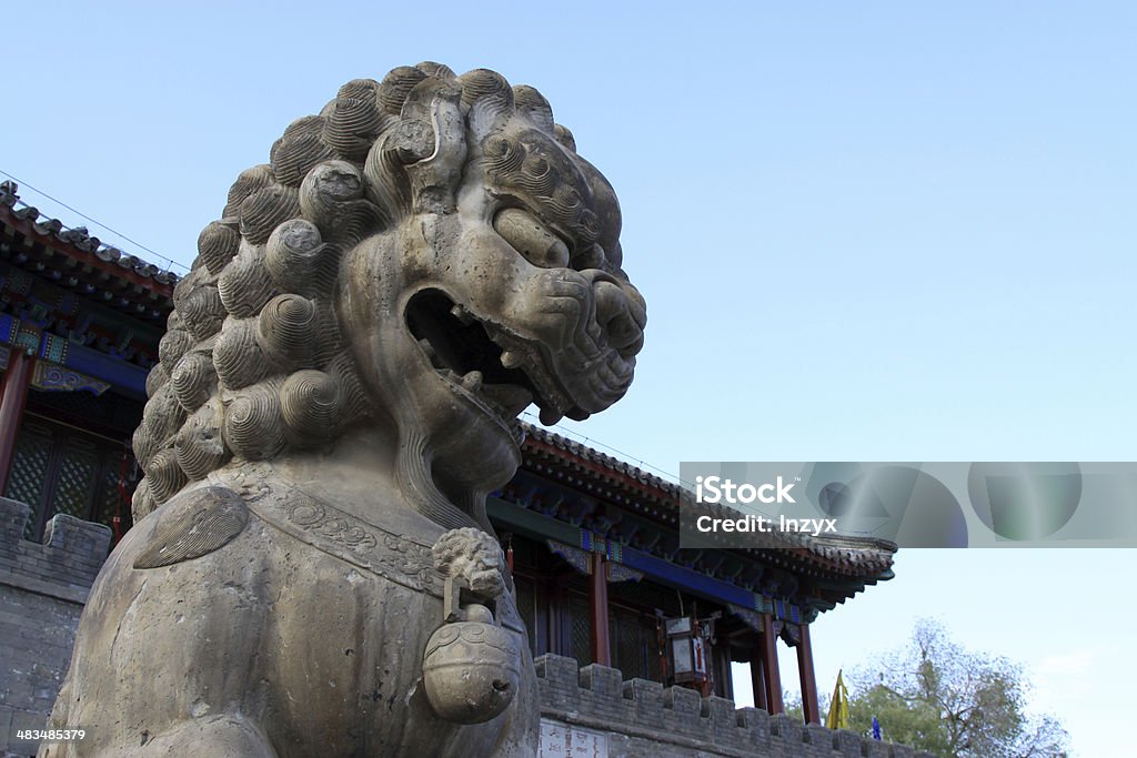Stone lion, ancient Chinese traditional arts and crafts Stone lion, ancient Chinese traditional arts and crafts in a park, north china Animal Themes Stock Photo
