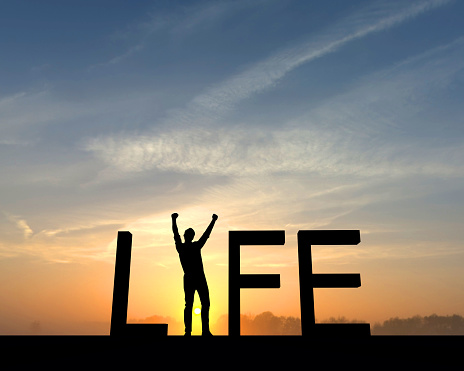 The word life is silhouetted against an orange and blue sunset. The I in the word is made from a figure with their arms raised up in the air in a successful victory pose.