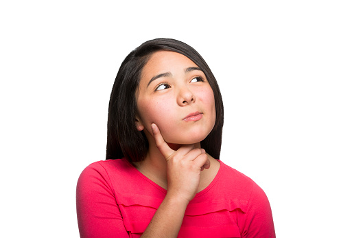 Mexican girl thinking isolated over white background
