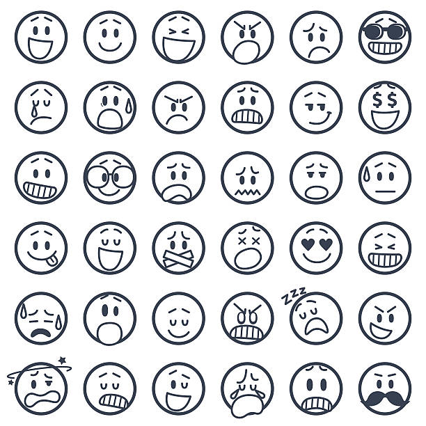 Set of smiley icons A set of 36 smileys. cartoon human face eye stock illustrations