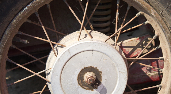 the wheel and spring mechanism old motorcycle sidecar