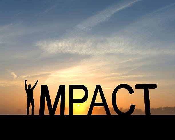 Impact success silhouette The word impact is silhouetted against an orange and blue sunset. The I in the word is made from a figure with their arms raised up in the air in a successful victory pose. impact stock pictures, royalty-free photos & images