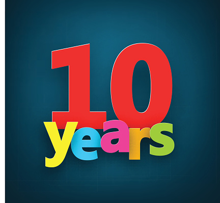 Ten years paper colorful sign over dark blue. Vector illustration. 