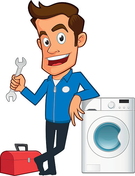 Technician Appliance repair expert, he has a toolbox and a washing machine appliance repair stock illustrations