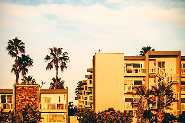 Redondo Beach apartment buildings in sunset light.