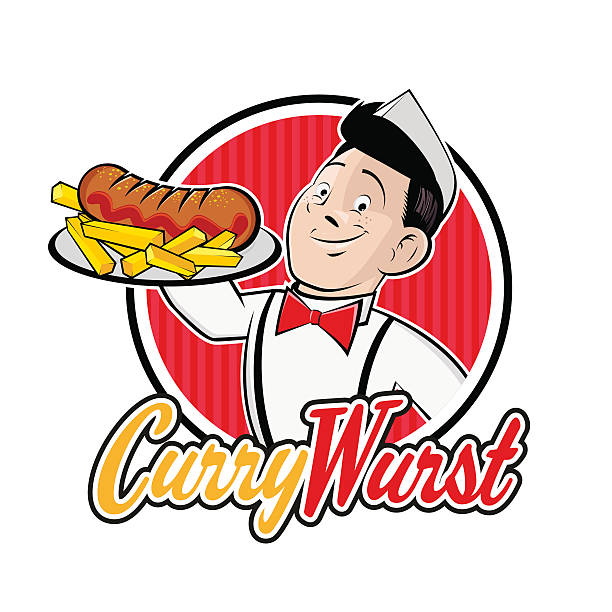 comic mann mit deutschen currywurst - currywurst stock-grafiken, -clipart, -cartoons und -symbole