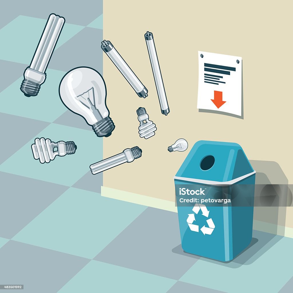 Used Light Bulbs Recycling Bin Trash Illustration of used light bulbs and recycling bin for them. Light bulbs and fluorescent lamps are in the air and falling into the blue trash bin standing near the wall. Waste management concept. 2015 stock vector