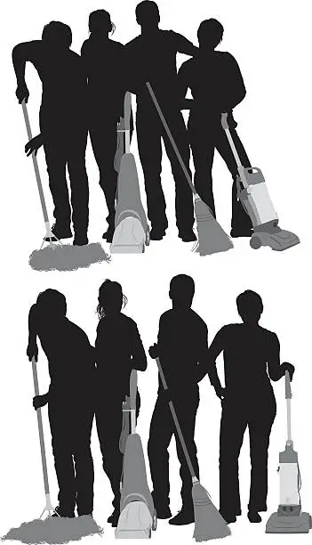 Vector illustration of Four people cleaning floor