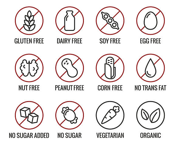 Diet icons Set of ingredient warning label icons. Common allergens (gluten, lactose, soy, corn and more), sugar and trans fat, vegetarian and organic symbols. vegetarian food stock illustrations
