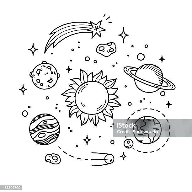 Пространство Doodle Иллюстрация — стоковая векторная графика и другие изображения на тему Бессмысленный рисунок - Бессмысленный рисунок, Космическое пространство, Солнечная система