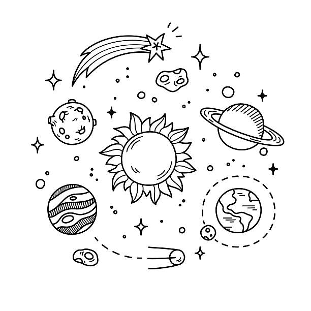 Space Doodle illustration Hand drawn solar system with sun, planets, asteroids and other outer space objects. Cute and decorative doodle style line art. meteor illustrations stock illustrations