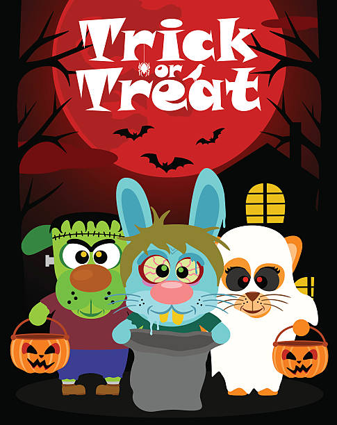 Halloween background with animal trick or treating Halloween background with animal trick or treating in Halloween costume  casper wyoming stock illustrations