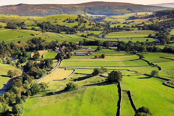 Wharfe valleyin the Yorkshire Dales Wharfe valleyin the Yorkshire Dales. Aerial view.  wharfe river photos stock pictures, royalty-free photos & images