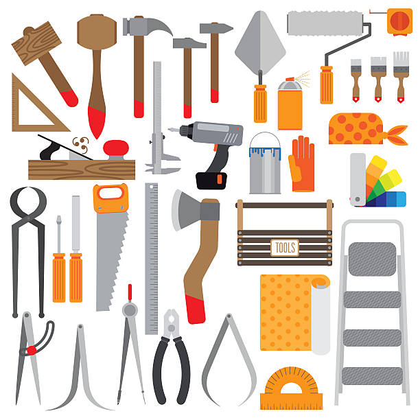 ilustraciones, imágenes clip art, dibujos animados e iconos de stock de juego de herramientas - interface icons hammer home interior house