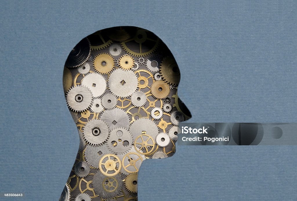 Thinking Mechanism Thinking Mechanism. Human head with gears inside Individuality Stock Photo