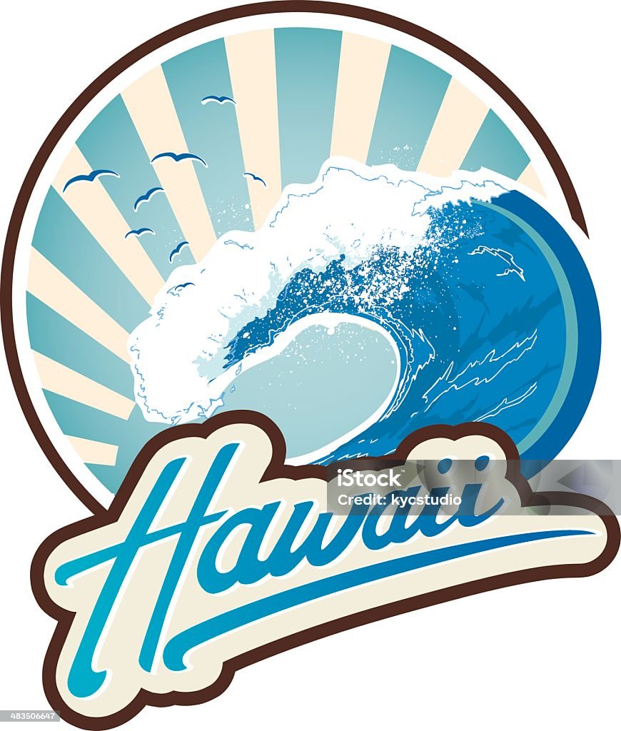 Surf emblem Hawaii Surf Lifestyle emblem with Hawaii lettering, big wave and sunset with  seagulls at background. Surfing stock vector