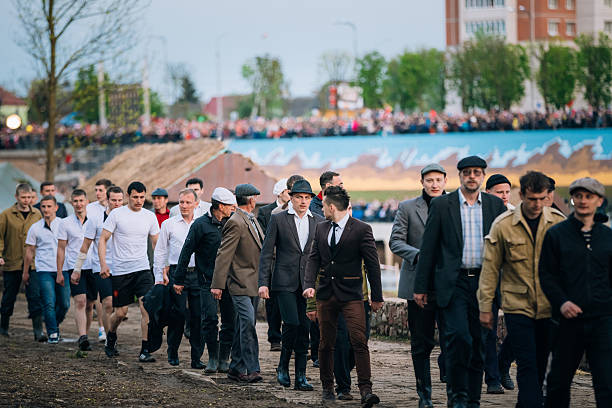 Mogilev, Belarus - May 8, 2015: Parade of unidentified re-enactors dressed as Soviet soldiers during events dedicated to 70th anniversary of the Victory of Soviet people in the Great Patriotic War.