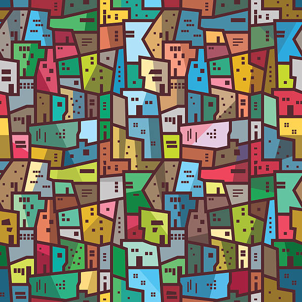 illustrazioni stock, clip art, cartoni animati e icone di tendenza di colorato motivo astratto urbano seamless texture brillante - slum living