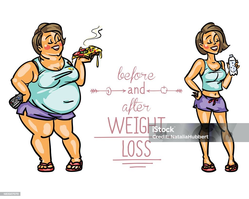 Woman before and after weight loss Woman before and after weight loss. Cartoon funny characters 2015 stock vector