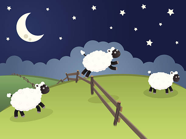 Sheep jumping over a fence in a rolling night landscape Three cute sheep jumping over a fence in a rolling night landscape. going to bed cartoon stock illustrations
