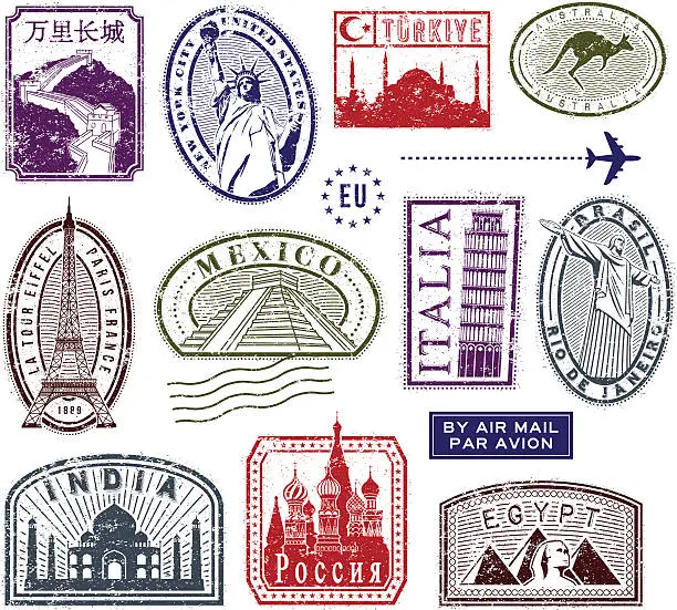 Vector illustration of World travel rubber stamps