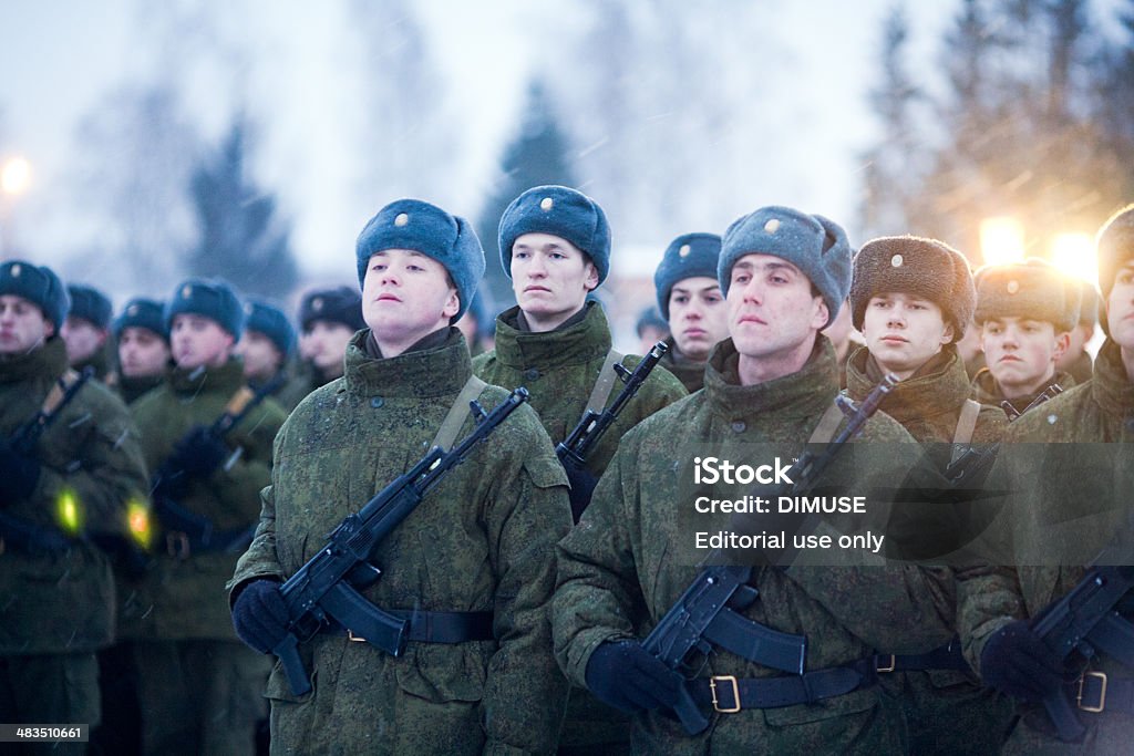 Recruit on the oath Pskov, Russia - January 15, 2011: Day of taking the oath of young guard of Russian army recruitment. 76 air assault division, unit number 07264. Location - street. General Margelov, Pskov. Soviet Military Stock Photo