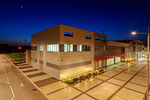 istock Aluminum facade on residential building at night 483510814