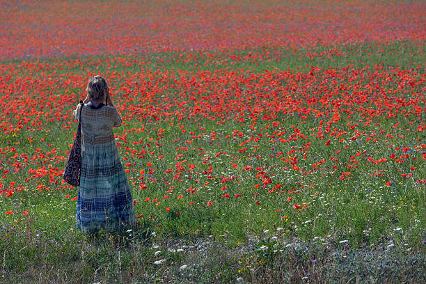 fotograf w długo zielona-niebieską sukienkę w pobliżu castelluccio, włochy - natural landmark outdoors vertical saturated color zdjęcia i obrazy z banku zdjęć