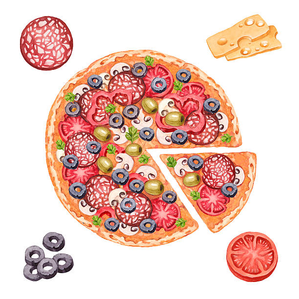 워터컬러 일러스트 피자 및 식재료 - pizza illustration and painting italian cuisine salami stock illustrations