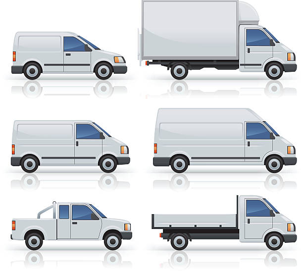 sechs kommerzielle van symbol umrisse auf weiß - truck delivery van isolated freight transportation stock-grafiken, -clipart, -cartoons und -symbole