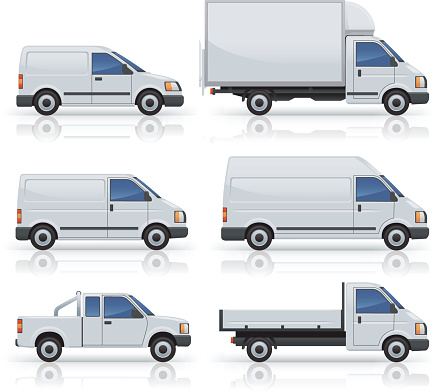 Six generic commercial van icons are pictured against a white background.  All of the vans cast a slight shadow of their wheels and their body underneath them.  All of the commercial vans are white with black accents and blue windows.  There is a delivery van, a moving van, a passenger van, a mobility van, a utility truck and a truck with a trailer.  The cabs of each of the vehicles are the same sizes, but their trailers and other features are different sizes.  The icons are grouped and layered for easy use, and downloads include JPEG and EPS files.