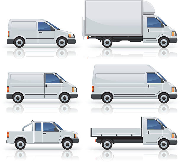 Six commercial van icons silhouetted on white Six generic commercial van icons are pictured against a white background.  All of the vans cast a slight shadow of their wheels and their body underneath them.  All of the commercial vans are white with black accents and blue windows.  There is a delivery van, a moving van, a passenger van, a mobility van, a utility truck and a truck with a trailer.  The cabs of each of the vehicles are the same sizes, but their trailers and other features are different sizes.  The icons are grouped and layered for easy use, and downloads include JPEG and EPS files. van vehicle stock illustrations