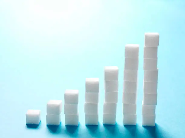 Sugar cube towers showing growth with copy space on a blue background. Bar chart concept