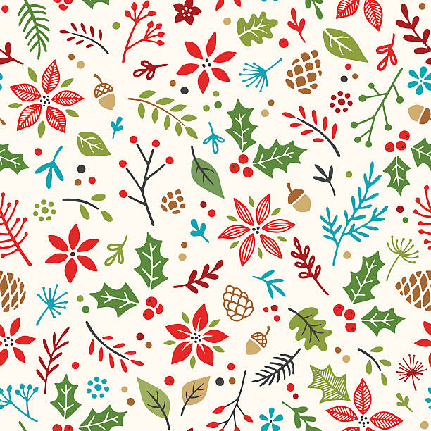 hand drawn seamless pattern holiday - christmas holly backgrounds pattern stock illustrations