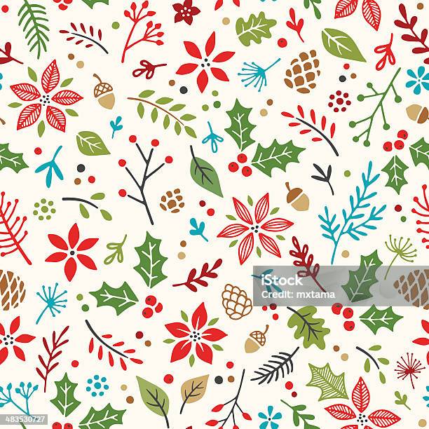 Hand Drawn Seamless Pattern Holiday — стоковая векторная графика и другие изображения на тему Рождество - Рождество, Узор, Падуб остролистный