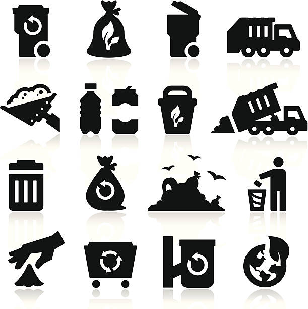 Garbage Icons simplified but well drawn Icons, smooth corners no hard edges unless it’s required,  garbage dump stock illustrations