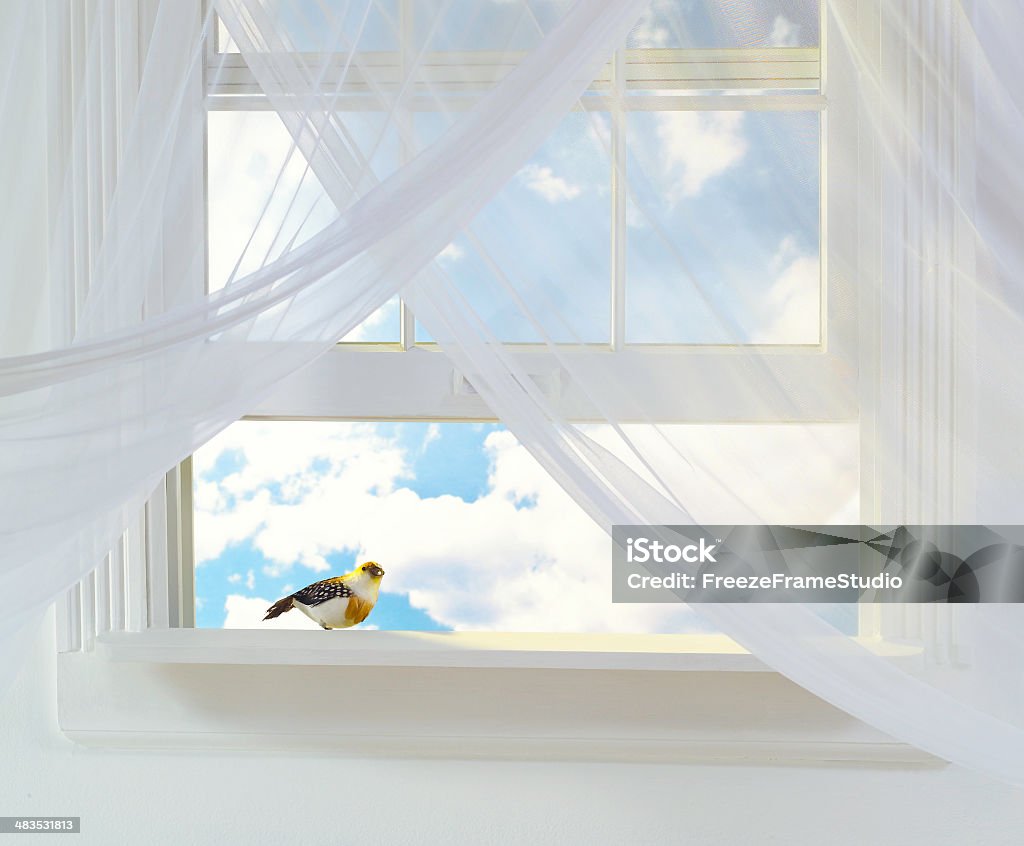 Öffnen Sie Fenster mit Vogel auf sill mit Bewölktes Himmel Hintergrund - Lizenzfrei Vorhang Stock-Foto