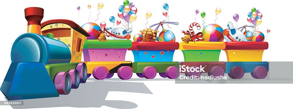 Tren de juguete con muchos juguetes - arte vectorial de Tren libre de derechos
