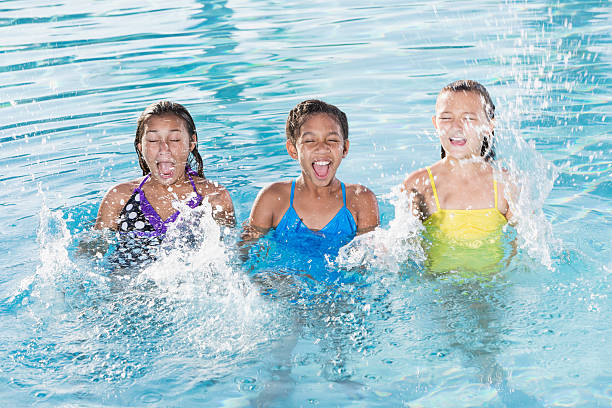 istock Girls splashing in swimming pool. 483534289