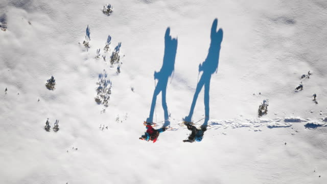 Aerial of mountaineers and their silhouettes snowshoeing on sunny day