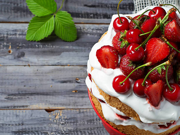 istock Summer cake with strawberry and cherry 483535706