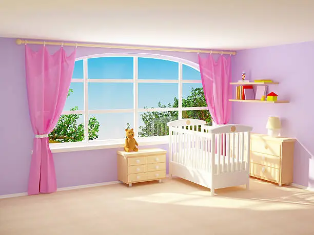 Baby's bedroom with big window, commode and bear. Pastel colors.