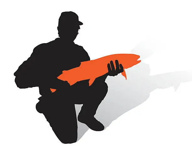 Vector illustration of Silhouette Angler with Trout