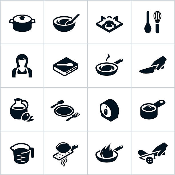 Black Cooking Icons Cooking icons. All white strokes/shapes are cut from the icons and merged allowing the background to show through. chef cooking flames stock illustrations