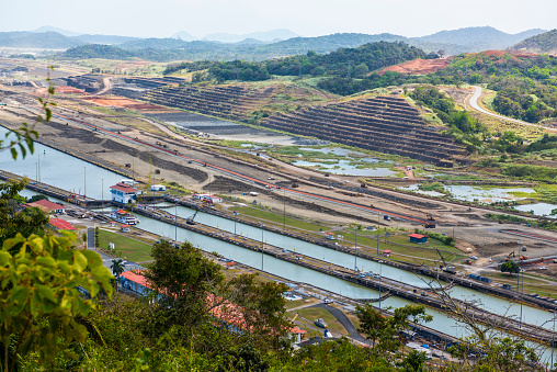 Miraflores Locks with Panama Canal expansion in the background, Panama, Central America