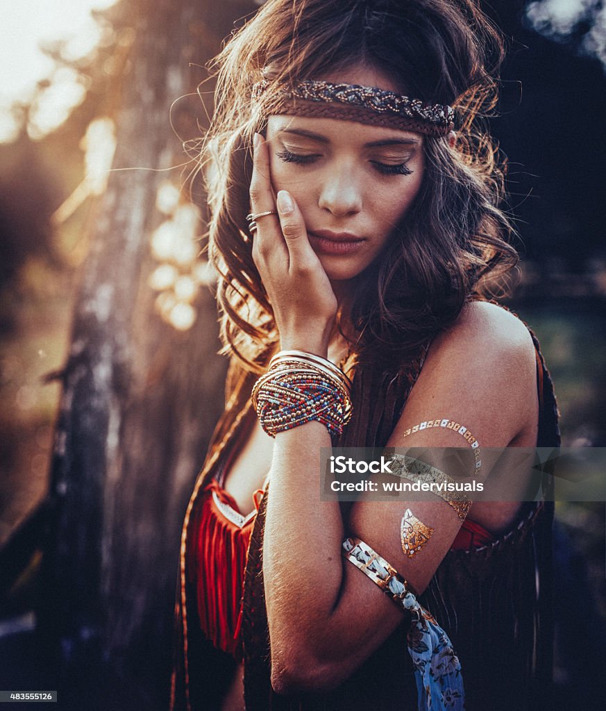 Hippie Girl Outdoors With Jewelry And Temporary Gold Foil Tattoo Stock  Photo - Download Image Now - iStock