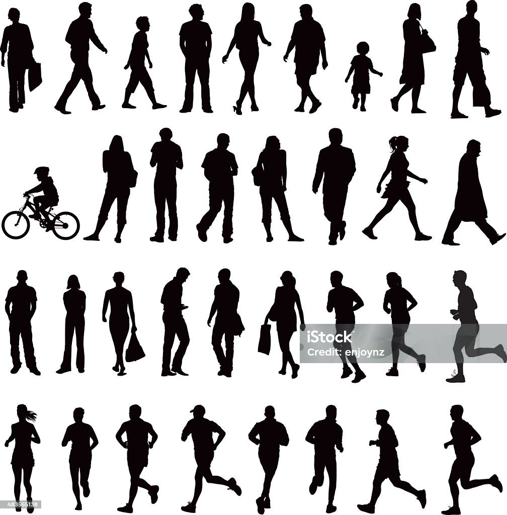 People silhouettes Various silhouettes of everyday people in the city. People running, walking, jogging, shopping and cycling.  In Silhouette stock vector