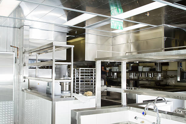 istock Professional kitchen, view counter in steel 483555254