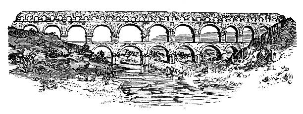 illustrations, cliparts, dessins animés et icônes de ancienne illustration de pont du gard (gard bridge) - pont du gard